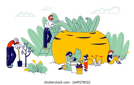 Gardening Hobby, Farmers or Gardeners Family with Kids Planting and Caring of Trees and Plants. Happy Characters Working in Garden Watering, Care of Flowers. Cartoon Flat Vector Illustration, Line Art