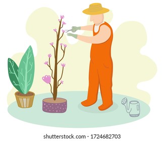 Gardening hobby at home. Gardener grows flowers and plants in flowerpot. Flat vector illustration.