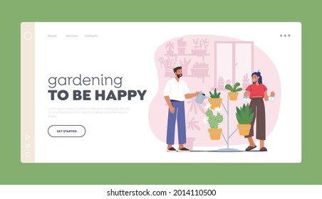 Gardening Hobby Landing Page Template. Man and Woman Spraying and Watering Flowers. Happy Couple Characters Take Care of Home Plants and Flowers in Pots at Home. Cartoon People Vector Illustration