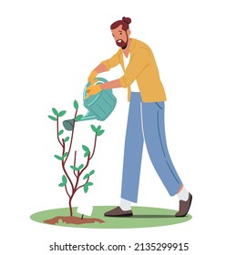 Gardening Hobby or Seasonal Work Concept. Gardener or Farmer Male Character Working in Garden Watering Trees and Plants with Water Can. Young Man Working in House Yard. Cartoon Vector Illustration