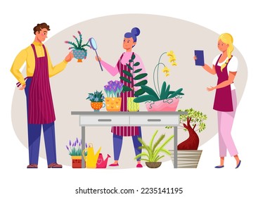 Hobby de jardinería, ilustración vectorial, mujer llana que vigila el carácter de la planta doméstica en la mesa, naturaleza en maceta de flores. Niña en delantal