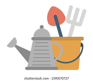 Gardening hobby vector, isolated watering can and bucket with spatula and rakes, mini shovel for ground digging. Instruments and tools flat style