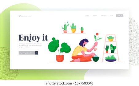 Gardening Hobby Website Landing Page. Woman Digging Home Plant Replanting to another Pot, Care of Domestic Flower in Greenhouse Orangery or Home Web Page Banner. Cartoon Flat Vector Illustration