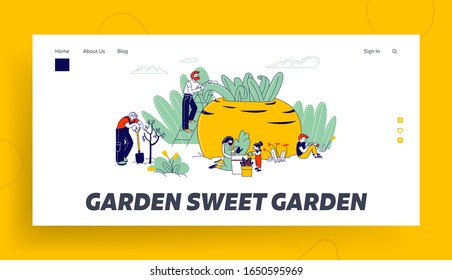 Gardening Hobby Website Landing Page. Farmers or Gardeners Family with Kids Planting and Caring of Trees, Plants, Watering, Care of Flowers Web Page Banner. Cartoon Flat Vector Illustration, Line Art