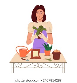 Gardening Hobby. Woman Taking Care of Plant. Smiling Girl with Flowerpots. Female Gardener in Spring. Cute Vector Illustration in Flat Cartoon Style.
