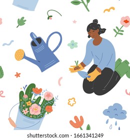 Gardening hobby, woman working in graden, planting a seedling, seamless vector pattern, vector background with spring flowers and doodles.