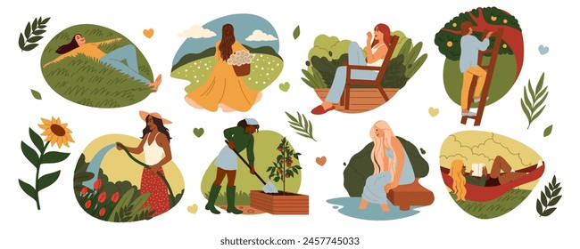 Gardening hobby. Woman working or relaxing in garden. Kitchen plants growing. ECO vegetables. Female picking apple fruits. Girl lying at meadow. Happy florist or gardener. Vector spring characters set