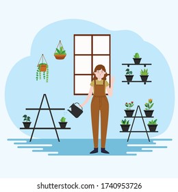 Gardening at home design with flat style. Woman gardening at home concept