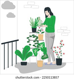 gardening home. woman replanting green pasture in home garden.indoor garden,room with plants banner Potted green plants at home, home jungle,Garden room,gardening, Plant room, Floral decor.