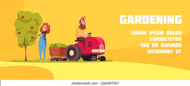 Gardening horizontal banner with farmers during fruits harvesting on yellow background cartoon vector illustration