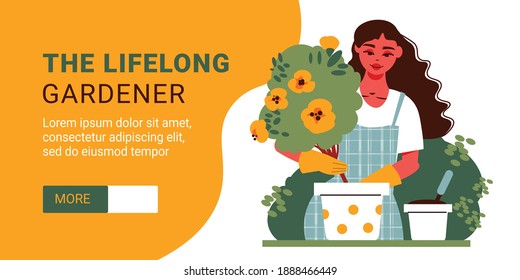 Gardening horizontal banner with female character with flowers in pot and editable text with more button vector illustration