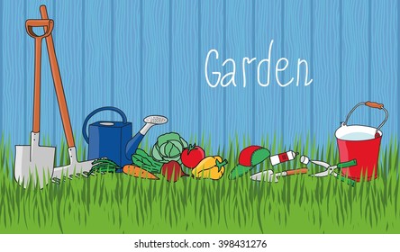 Gardening and horticulture, banner set with tools, vegetables and plants.