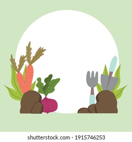 Gardening and horticulture carrots beetroot rake shovel and rocks vector illustration
