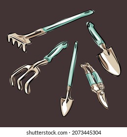 Gardening or horticulture concept. Collection of garden tools and plants. Design elements for print, packaging or stickers. Isolated vector objects.