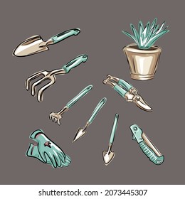 Gardening or horticulture concept. Collection of garden tools and plants. Design elements for print, packaging or stickers. Isolated vector objects.