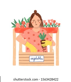 Gardening, horticulture flat vector illustration. Female gardener planting vegetables cartoon character. Home growing flowers and herbs. Horticulturist, grower isolated on white background.