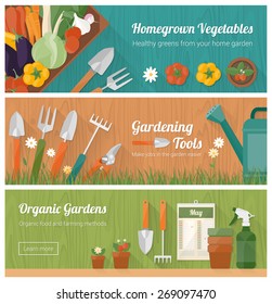 Gardening and horticulture, hobby and diy banner set with tools, vegetables crate and plants