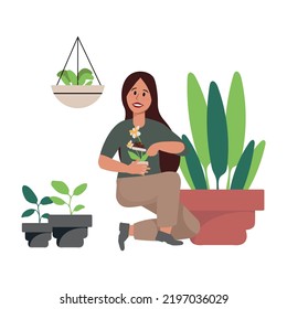 Gardening and horticulture hobby, isolated woman caring for plants. Vector flowerpot with lush foliage and flora. Botany decoration in vase, greenhouse and cultivation for florist shop. Flat cartoon.