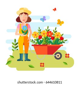 Gardening and horticulture, hobby tools, vegetables crate and plants. vector illustration