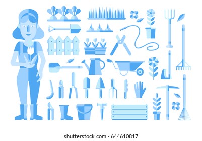 Gardening and horticulture, hobby tools, vegetables crate and plants. vector illustration