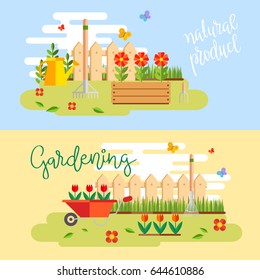 Gardening and horticulture, hobby tools, vegetables crate and plants. vector illustration
