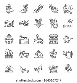 Gardening and horticulture, icon set. growing and cultivating plants, linear icons. Line with editable stroke