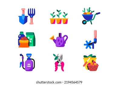 Gardening or horticulture icons set vector illustration. Tools and equipment for growing plant in garden flat style concept