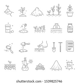 Gardening Or Horticulture, Landscaping Or Priming Works Isolated Icon Vector. Soil Testing And Cultivation, Garden Tools And Plant Growing Linear Symbols. Digging And Boring, Geology And Planting