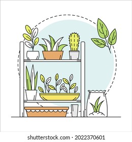 Gardening and Horticulture as Plant Cultivation with Flowerpot Rested on Rack with Growing Botany Line Round Vector Composition