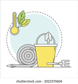 Gardening and Horticulture as Plant Cultivation with Hose and Bucket Line Round Vector Composition