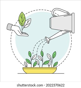 Gardening and Horticulture as Plant Cultivation with Sapling and Watering Can for Organic Product Growing Line Round Vector Composition