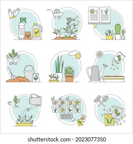 Jardinería y Horticultura como cultivo vegetal con herramientas y conjunto de composición de vectores redondos de línea de cultivo orgánico