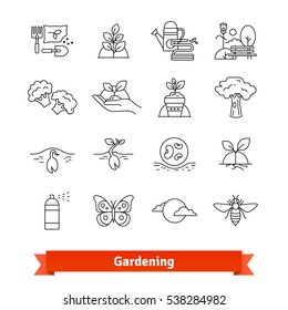 Gardening & horticulture. Thin line art icons set. Plant growing, garden tools and landscape design. Linear style symbols isolated on white.