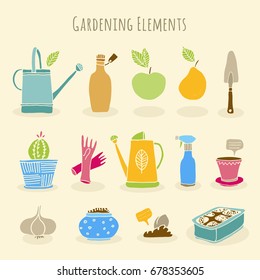 Gardening, horticulture vector set, equipment and tools, vegetables and plants collection
