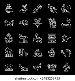 Gardening and horticulture, white line icons. Growing and cultivating plants. Essential for gardening and nature themes. Symbols on black background. Editable stroke.