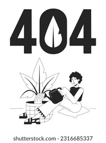 Gardening houseplant black white error 404 flash message. Eco friendly. Watering plant. Monochrome empty state ui design. Page not found popup cartoon image. Vector flat outline illustration concept