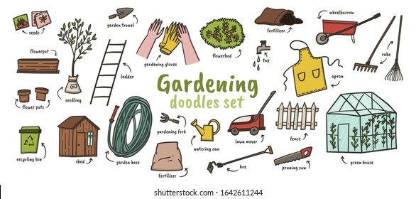 Gardening huge doodles set. Hand drawn garden tools about spring time hobby and garden work. 