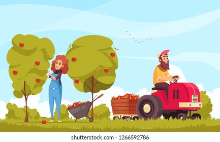 Gardening human characters with tractor during apples harvesting on blue sky background cartoon vector illustration