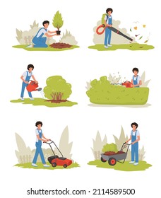 Gardening with human characters working in overalls collection vector flat illustration. Male farmer cultivation plants, watering, mowing, replanting, cleaning lawn isolated. Agricultural hobby