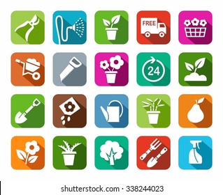 Gardening, icon, background color, shadow. Products for gardening, vector icons. White image on a colored background with a shadow.  