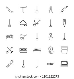Gardening icon. collection of 25 gardening outline icons such as shovel and rake, hoe, pot for plants, plant in pot, ground heap. editable gardening icons for web and mobile.
