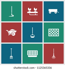 Gardening icon. collection of 9 gardening filled icons such as barrow, pitchfork, rake, wheelbarrow, fence, hoe, pot for plants. editable gardening icons for web and mobile.