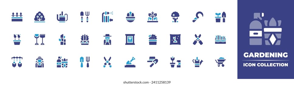 Gardening icon collection. Duotone color. Vector and transparent illustration. Containing bush, sprout, shovel, sickle, cactus, pruning shears, gardener, gardening, gardening tools, winter garden.