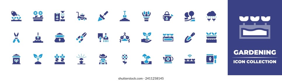 Gardening icon collection. Duotone color. Vector and transparent illustration. Containing plant, flower, equipment, garden, digging, organic food, farming and gardening, shovel, gardening, sprinklers.