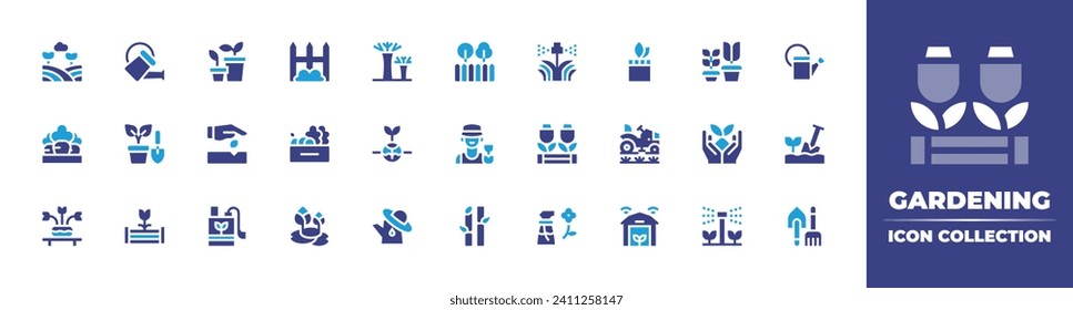 Gardening icon collection. Duotone color. Vector and transparent illustration. Containing watering can, fence, plant pot, vegetable, raised bed, tree, gardens, hydroponic gardening, gardening, garden.