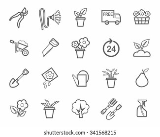 Gardening, icon, line, monochrome. Vector linear icons on the topic of gardening, on a white background. 