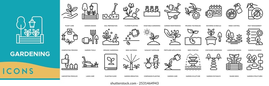 Gartensymbol. Pflanzenpflege, Gartengestaltung, Bodenvorbereitung, Blumenbepflanzung und Gemüsegärtnern