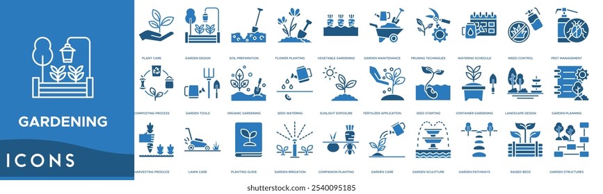 Icono de jardinería. Cuidado de plantas, Diseño de jardines, Preparación de suelos, Plantación de flores y horticultura