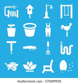 Gardening icon. Set of 16 Gardening filled icons such as pitchfork, gardening tool, wheelbarrow, water hose, pot for plants, plant in pot, flower, street lamp, swing, outdoor chair, weather vane