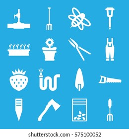 Gardening icon. Set of 16 Gardening filled icons such as pitchfork, garden tools, gardening tool, axe, saw, water hose, water pipe, plant in pot, flower pot, pine-tree, strawberry, street lamp, bee
